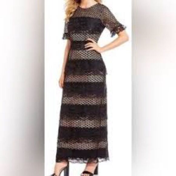 NWT Belle BADGLEY MISCHKA Black Lace Gabrielle Women’s Column Maxi Dress sz 8 - Picture 1 of 10